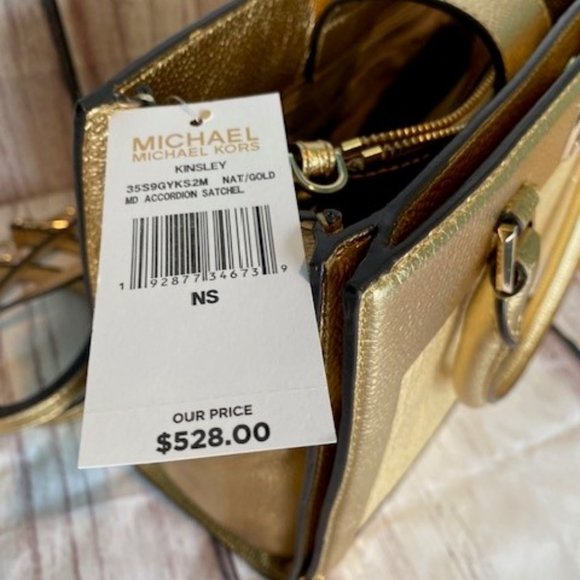 Michael Kors | Bags | Michael Kors Kinsley Natural Gold  Michael Kors Kinsley Natural & Gold Leather Accordion Satchel NWT